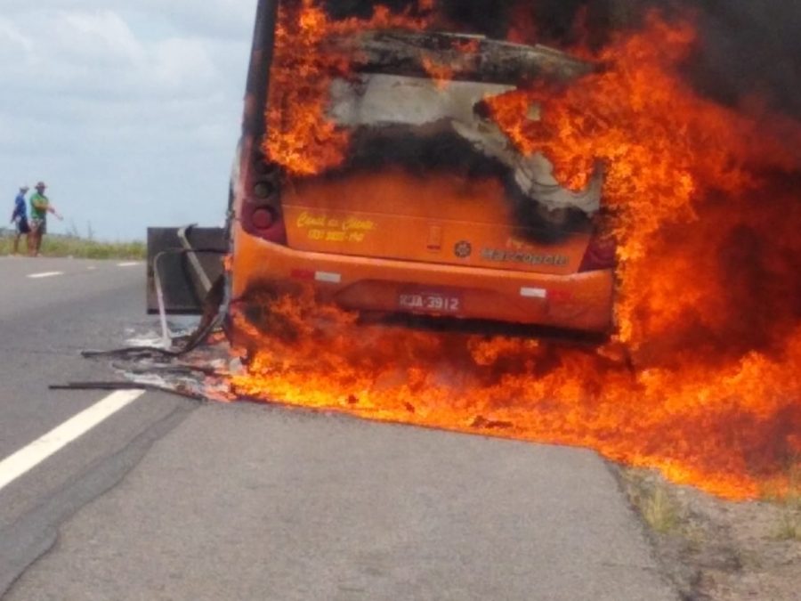 Ônibus com cerca de 30 passageiros pega fogo em rodovia